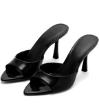 A pair of black patent leather peep-toe high-heeled mule sandals shown on a plain white background, with a mobile app interface header reading 'Product images' and thumbnail navigation bars at the bottom.